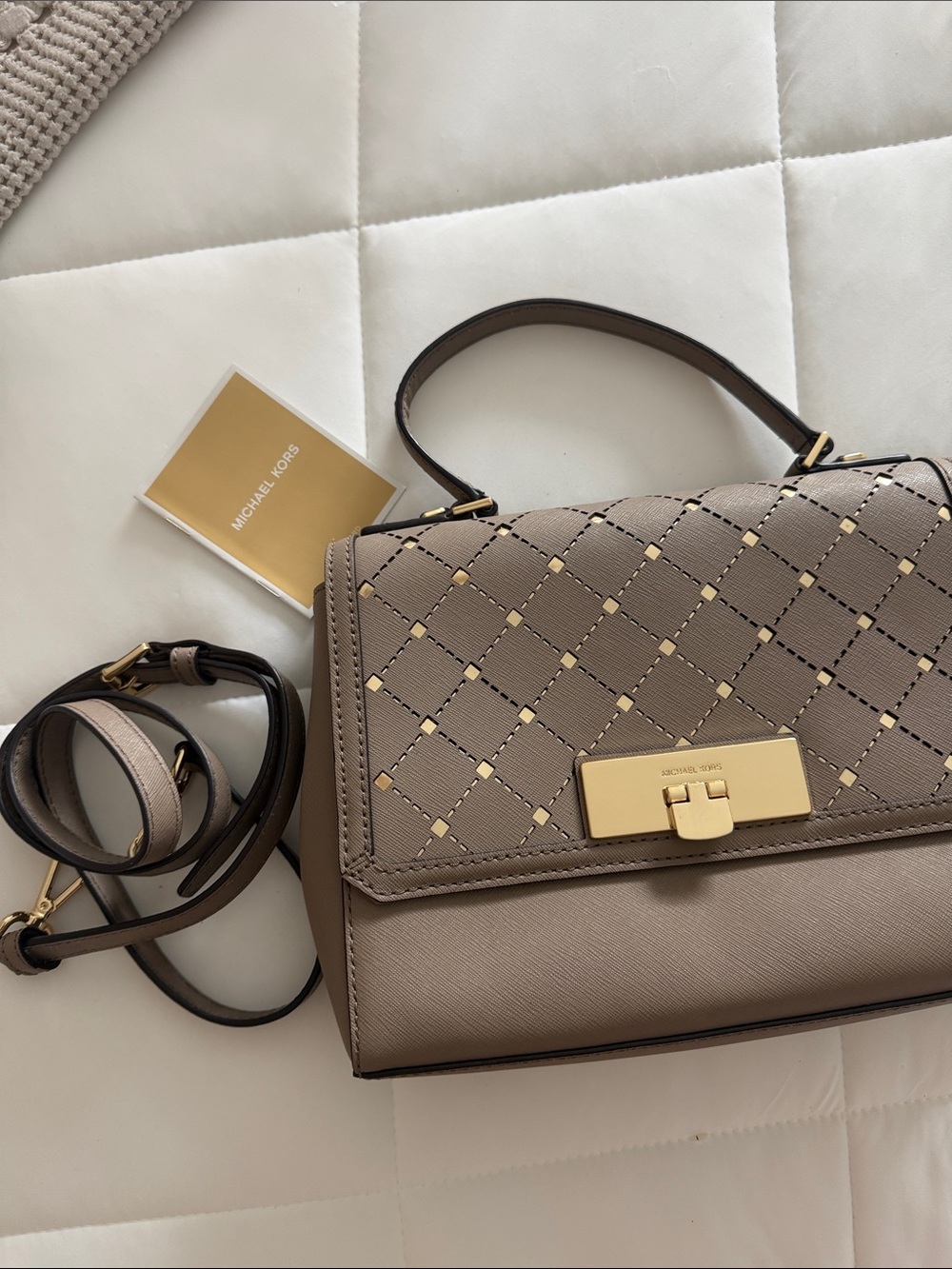 Michael Kors Taupe Quilted Leather Satchel with Gold Hardware